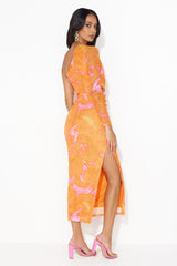 Relationship Bond One Shoulder Mesh Midi Dress Orange